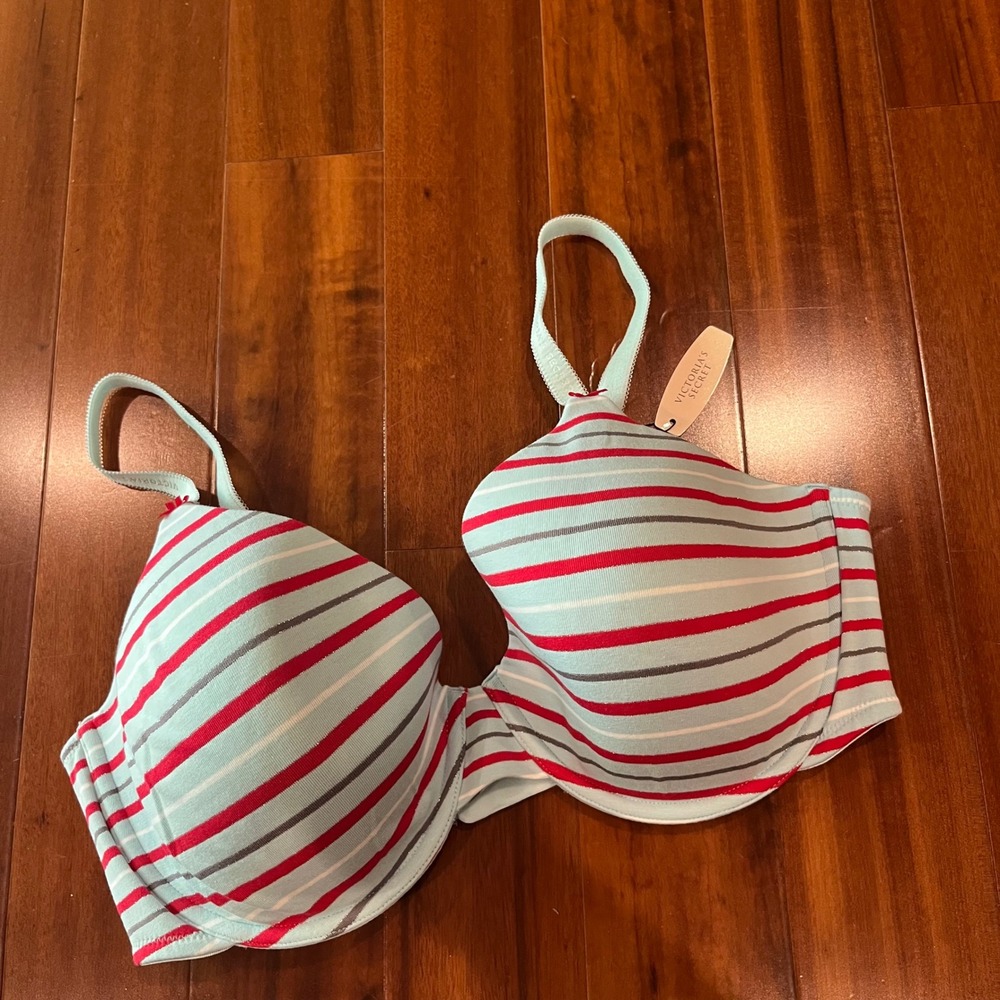 Victoria's Secret 38DD Bra Lined Perfect Coverage Blue Red Glitter Stripe New